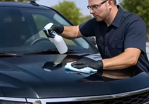 A man cleaning a car with a sponge gets support from Glass Ding for windshield cleaning.