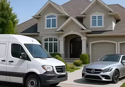 A mobile windshield repair truck pulling up.